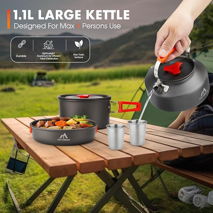 THTYBROS 17pcs Camping Cookware Kit, 0.45Gal Pot, 7inches Pan,0.30Gal Kettle Set with 2 Set Stainless Steel Cups Plates Forks Knives Spoons for Hiking,Camping,Backpacking,Outdoor Cooking and Picnic