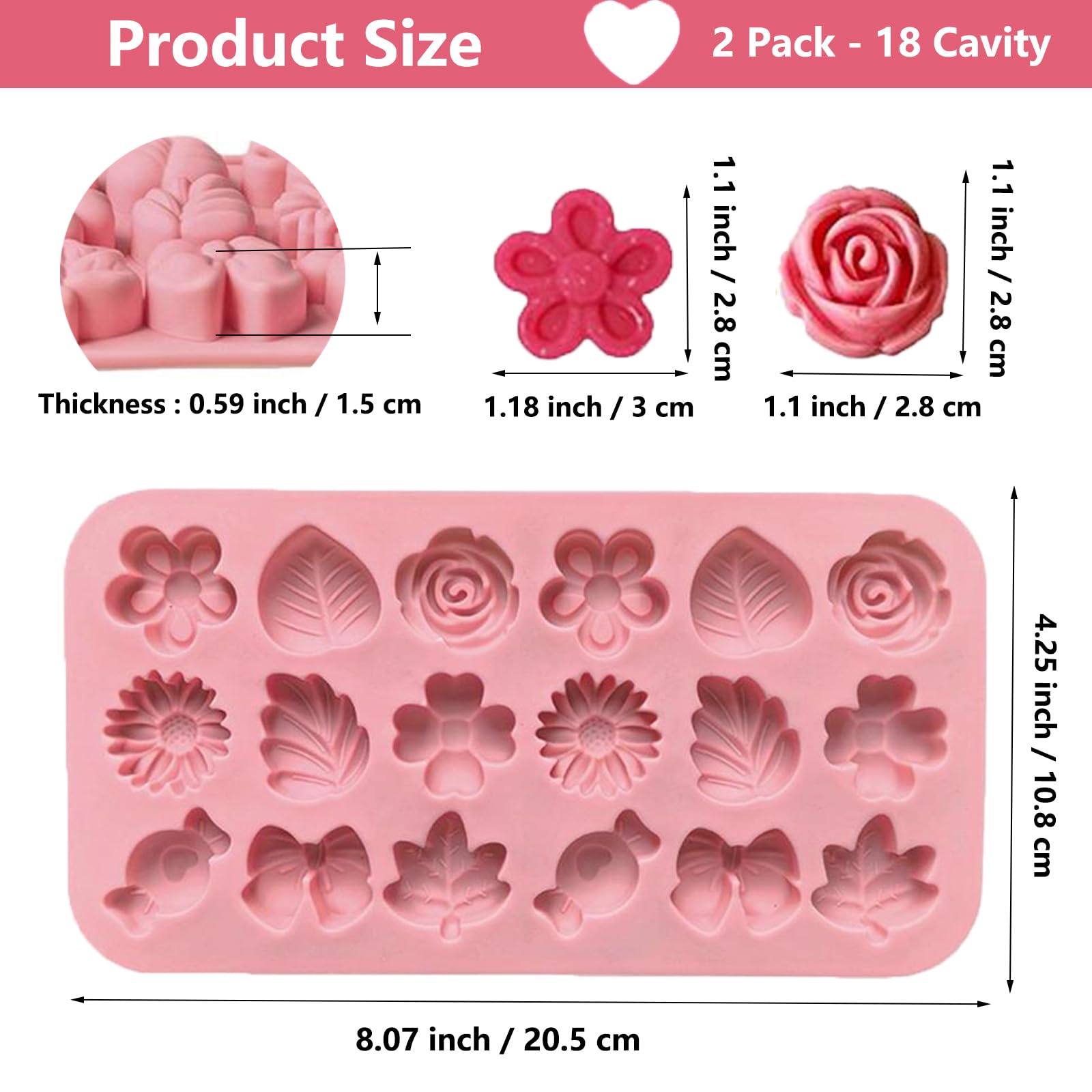 2PCS Flower Candy Molds Flower Shape Chocolate Molds, 18 Cavity Pink