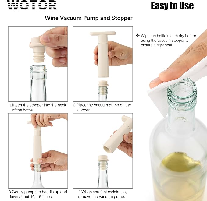 WOTOR Wine Saver Vacuum Pump with 20 Stoppers, Wine Stopper & Preserver, Reusable Bottle Sealer Keeps Fresh, Ideal Accessories Gift, Flat Handle (Cream)