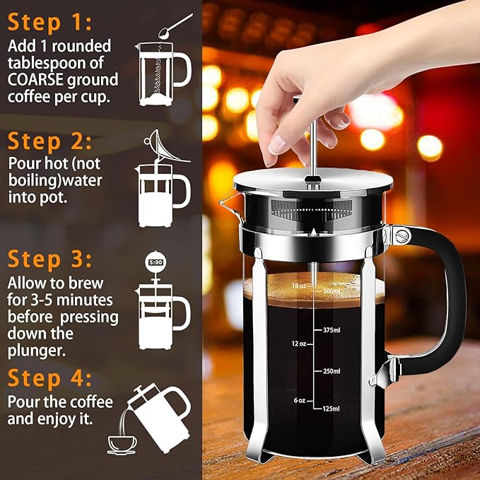 YMMIND French Press Coffee Maker 304 Stainless Steel Coffee Press,with 4 Filters System, Heat Resistant Thickness Borosilicate French Press Glass, BPA-Free Brewed Tea Pot Coffee Plunger(Copper 12oz)