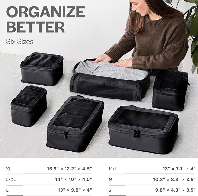 Aerotrunk Compression Packing Cubes for Travel, 6-Pack, Black