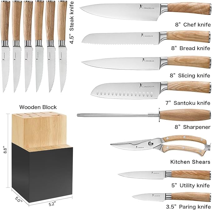 Kangdelun Ultra Sharp 15-Piece Kitchen Knife Set, High Carbon Stainless Steel Blades, Torrefied Natural Wood Handles, Ergonomic Design, Space-Saving Black-Finished Wood Block, Easy Hand Wash, Gift Box