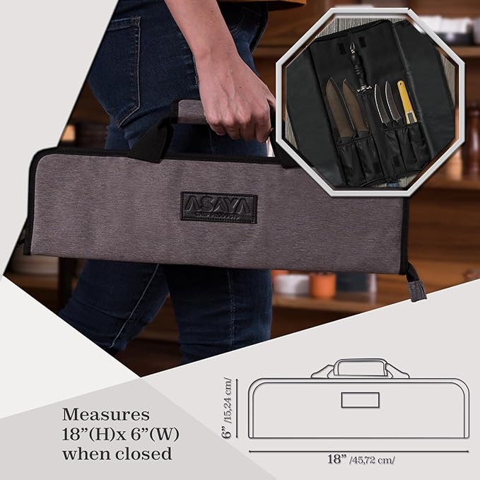 Asaya Chef Knife Roll Bag - 12-Pocket Chefs Case for Kitchen Knives and Utensils, Lightweight Stain-Resistant Waxed Nylon Chef Knife Bag - Knives Not Included (Grey)