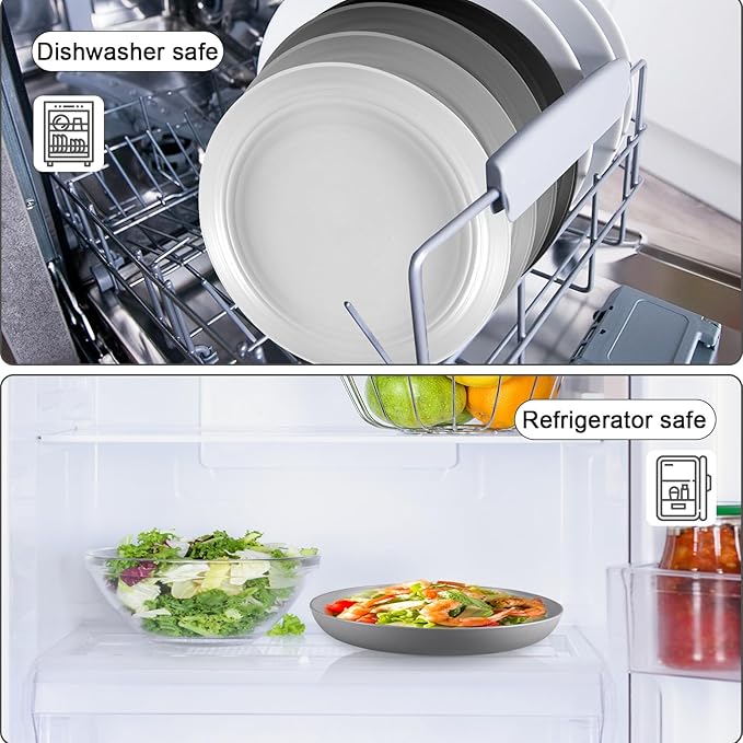 HEYCOME 12 Pcs Unbreakable Deep Dinner Plates Set, 10 inch Reusable Plastic Wheat Straw Plates, Microwave and Dishwasher Safe Plate for Kitchen, Lightweight Plate for Dessert, BPA Free, 4 Colors