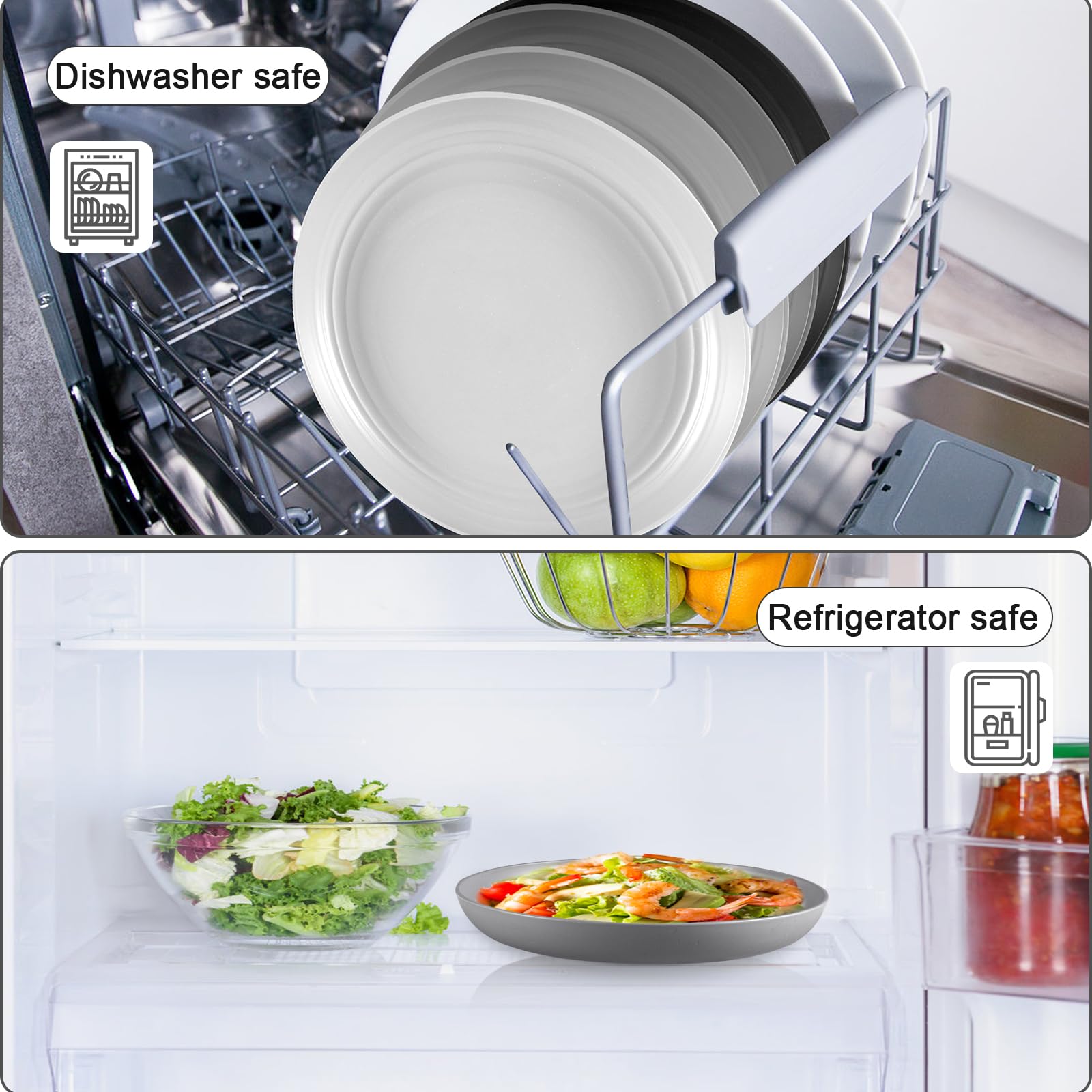 HEYCOME 12 Pcs Unbreakable Deep Dinner Plates Set, 10 inch Reusable Plastic Wheat Straw Plates, Microwave and Dishwasher Safe Plate for Kitchen, Lightweight Plate for Dessert, BPA Free, White Gray