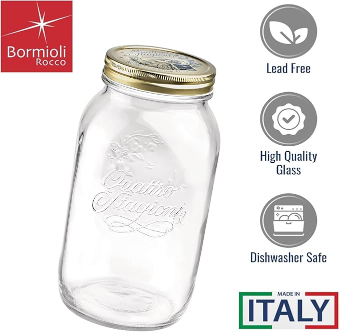 Bormioli Rocco Quattro Stagioni Mason Jar - 50.75 Oz. One-Piece Twist Top Lid, Beehive Motif - Ideal for Canning, Fermentation & Dry Storage - Embossed Glass Container, BPA-Free, Made in Italy