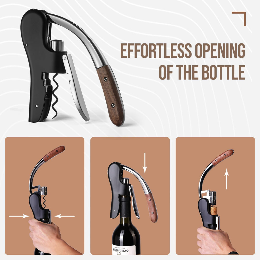 Wine Bottle Opener, Vertical Lever Corkscrew with Built in Foil Cutter Design, Manual Handheld Corkscrew with Ergonomic Lever Pump