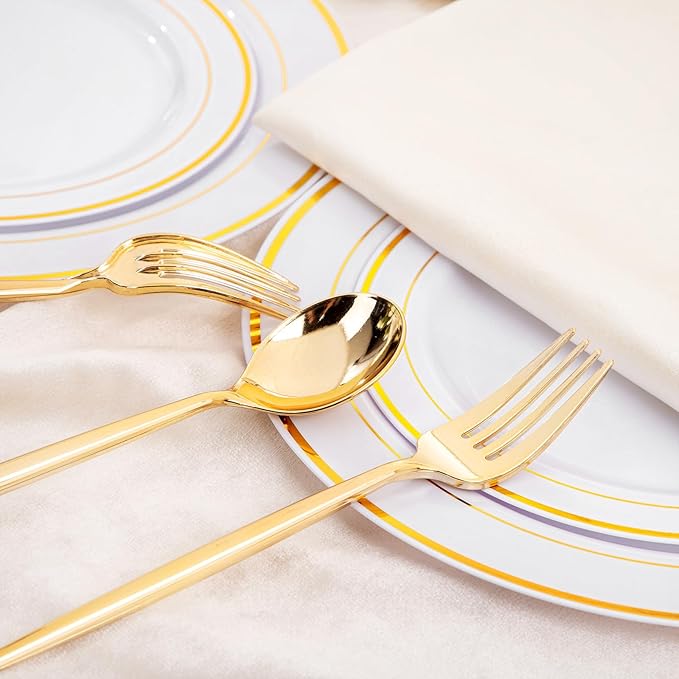SUT 100PCS Gold Plastic Forks and Spoons Heavy Duty Set, 100 Count, Gold Disposable Flatware, 50 Forks, 50 Spoons for Party