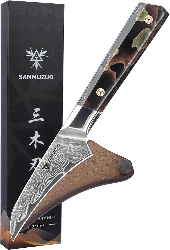 SANMUZUO Bird Beak Paring Knife 3.5 Inch, Professional Kitchen Peeling Knife, Ultra Sharp Damascus Powder Steel with Full-tang Resin Handle, Bi Series