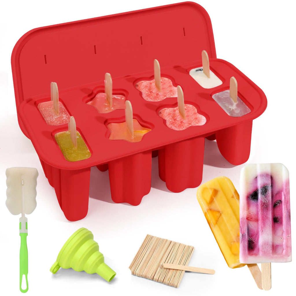 Firstfooby Popsicles Molds, 8-Cavity Silicone Popsicle Molds with 50 Sticks, BPA-Free Ice Pop Mold Popsicle Maker with Funnel & Cleaning Brush for Kids Adult Teens