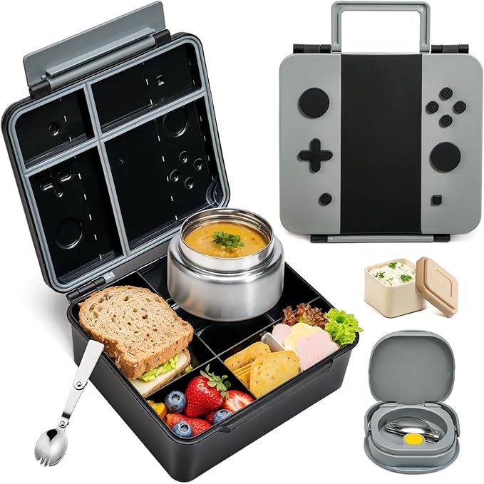 FAJSL Game Bento Box for Kids, Lunch Box with Thermo(9oz Food Jar), Folding Spoon, Removable Divider & Sauce Cup, Lunch Box Kids for School,Travel, BPA-Free & Realistic Shape(Grey)