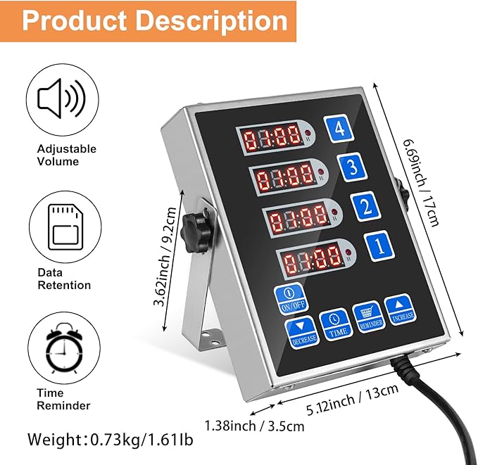 YOOYIST Precision Kitchen Timers for Cooking – 4 Channel Commercial Kitchen Timer Restaurant Kitchen Supplies – Stainless Steel Digital LED Chef Cooking Timer – Reminder Function, Loud Alarm, Black