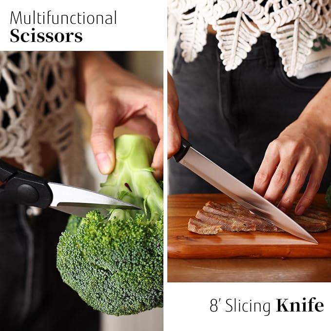 Diamosteel Black Knife Set with Wooden Block, 7-Piece Sharp Knife Block Set