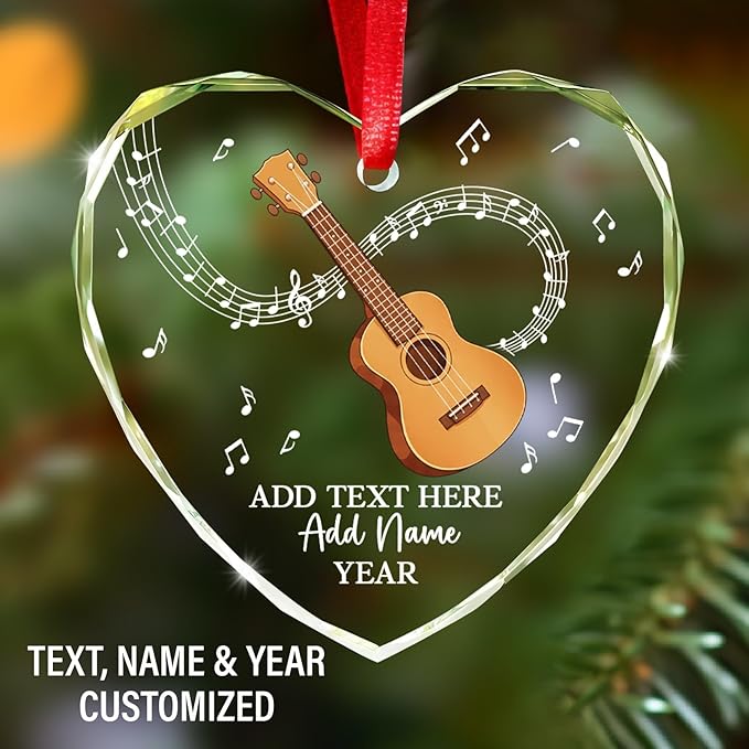 Personalized Ukulele Glass Ornament with Text Name Year, Ukulele Instrument Christmas Tree Ornament, Customized Musical Instrument Christmas Ornaments 2026, Gift for Men Women Music Lover