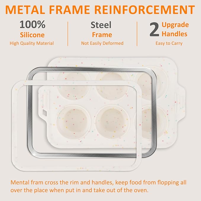 Silicone Muffin Pan for Baking, Collapsible Muffin Pan with Metal Reinforced Frame, Silicone Molds for Baking, Non-Stick & BPA-Free, Oven Safe Cupcake Pan, Regular Size 6-CUP Non-Toxic (2 Pack)