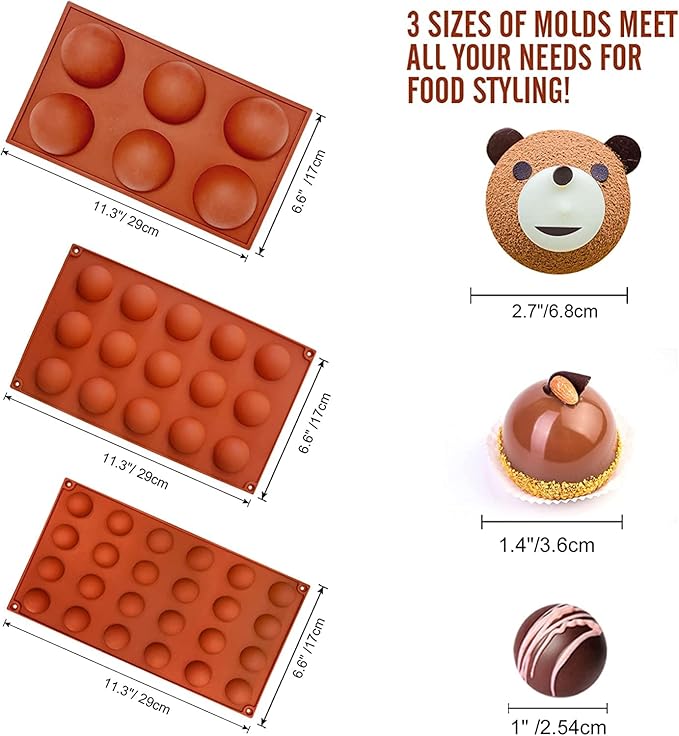Semi Sphere Silicone Mold, Silicone Chocolate Molds,3 Packs Baking Molds for Making Chocolate, Cake, Jelly, Dome Mousse (6, 15 and 24 Cups)