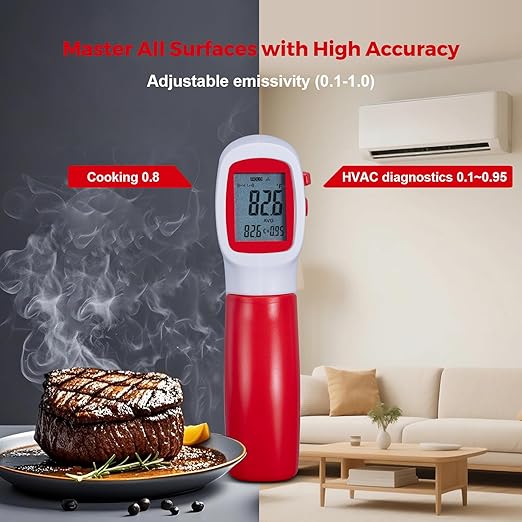 VCooklify Infrared Thermometer for Meat,Laser Temperature Gun,-58~1112°F,DS 12:1 Digital IR Temp Gun with Adjustable Emissivity&High/Low Alarm,LCD Display Thermal Gun for Food Oven Cooking HVAC