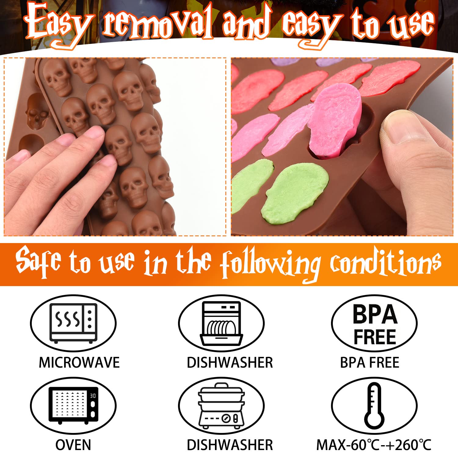 3Pcs Skull Silicone Candy Molds, Mini Skull Mold with 3 Droppers
