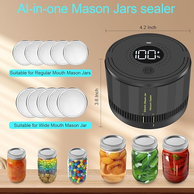 YK Siguoril Electric Mason Jar Vacuum Sealer, Auto Stop Mason Jar Vacuum Sealer Kit for Wide Mouth and Regular Mouth canning lids with Food Storage Labels for Freshness and Preservation