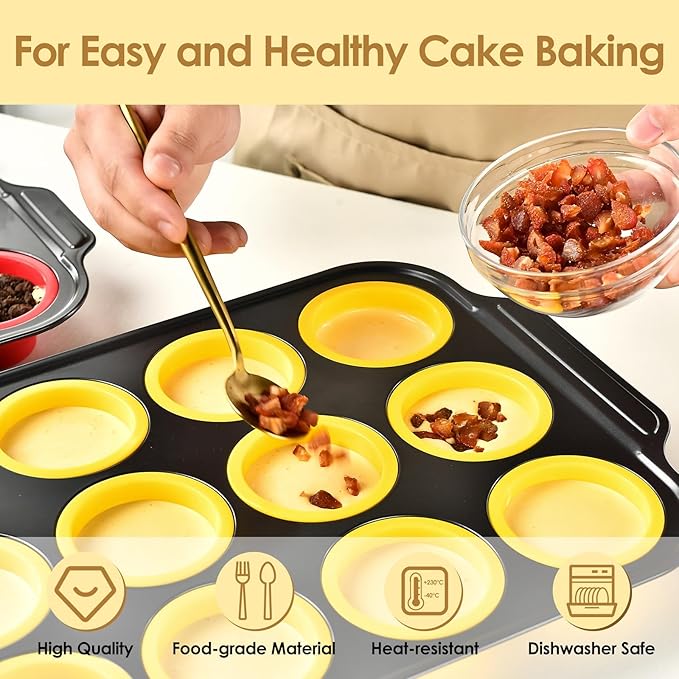 YiYeraio 12 Cups Silicone Muffin Pans for Baking with Metal Frame, Egg Bite Molds, Cupcake Pans Regular Size, Muffin Tins Easy to Pop Nonstick Non Toxic Bakeware for Oven Dishwasher Safe