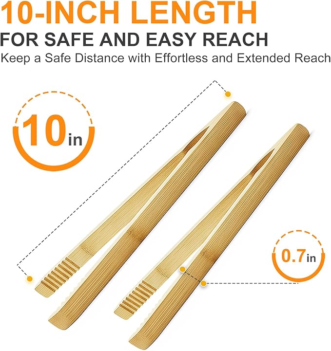 LKNNEASTO 2 Pack Premium Bamboo Toaster Tongs, 10 Inches Natural Wooden Tongs with Serrated Tips for a Secure Grip on Toast, Bagels, Pastries, and Salads, Reusable for Cooking & Serving