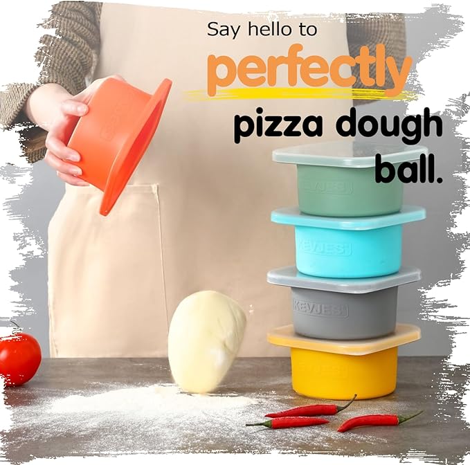 KEVJES Stackable Silicone Artisan Pizza Dough Proofing Proving Containers with Lids pizza making accessories-4 pack-500ml portion (Yellow)
