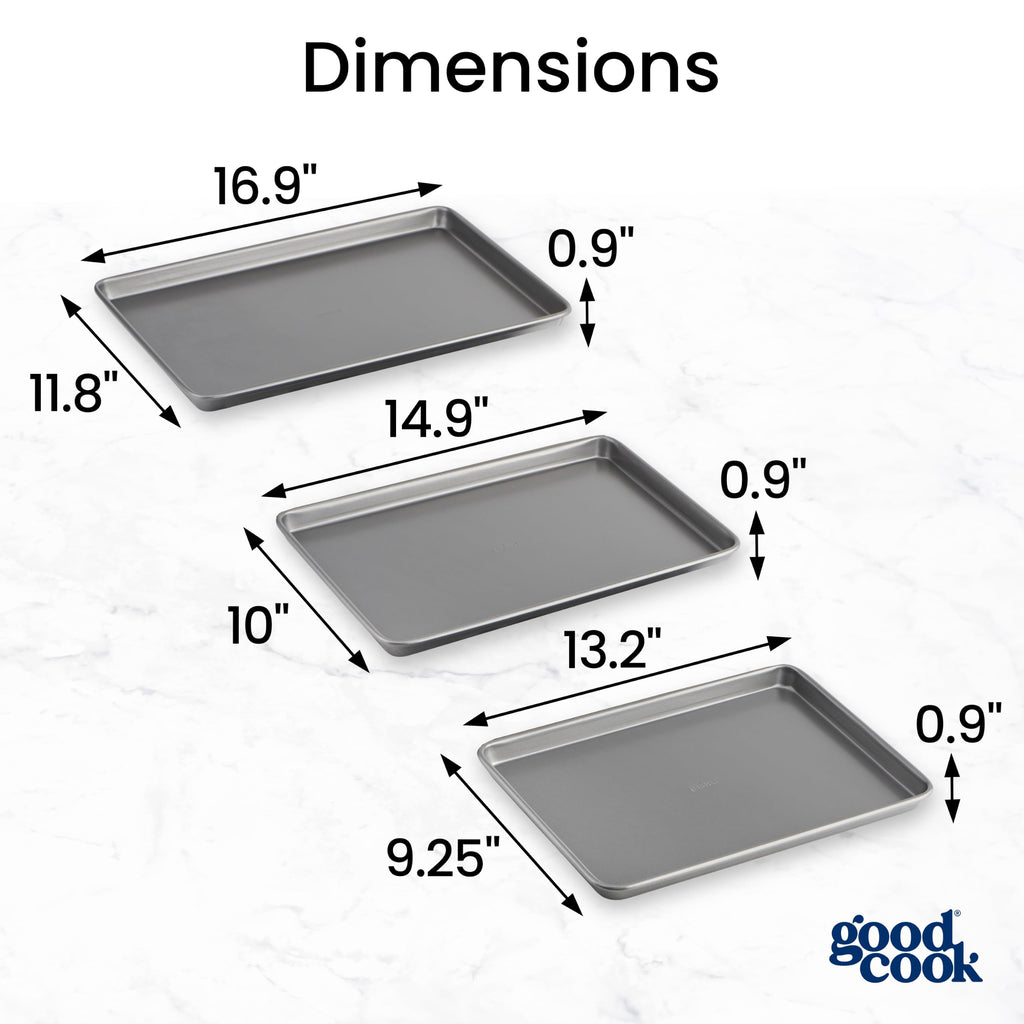 GoodCook Everyday Nonstick Baking Sheet Set, 3 Pack Includes Small (13×9) Medium (15×1) and Large (17×11) Pans Carbon Steel Construction Cookie Sheets Bakeware Set, Gray