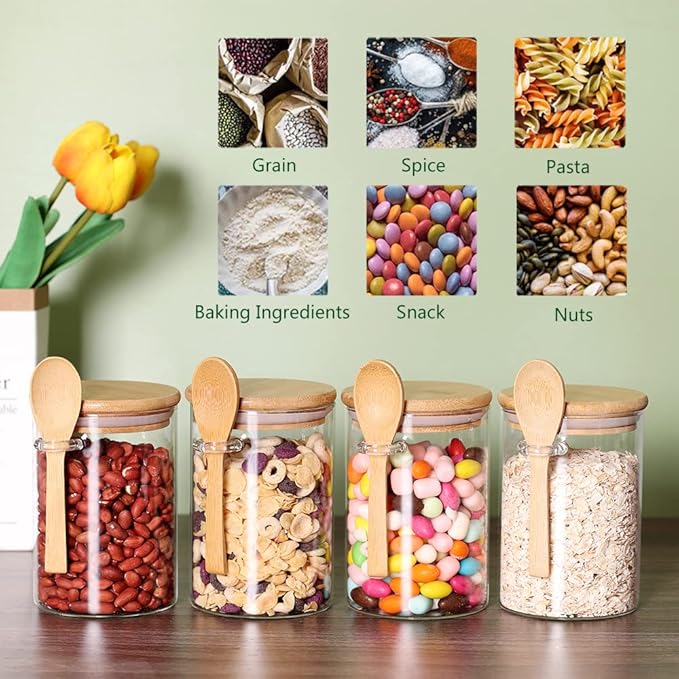 CZFWin 4 Pack Glass Containers with Lids and Spoons, Overnight Oat Container with Lids Glass, Oatmeal Jar with Spoons, Meal Prep Jars for Yogurt, Chia Pudding (Round 4PCS)
