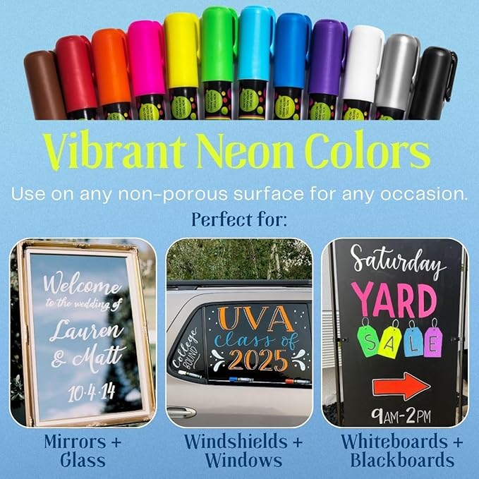MoodClue Liquid chalk markers washable, erasable, dry or wet erase. 6 neon markers for whiteboards, glass boards, mirrors, chalkboards, windows, car windshields, glass. Non-toxic, reverse tip pens