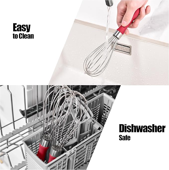 Doosu 18/8 Stainless Steel Balloon Whisk for Cooking (6 Wires, Red)