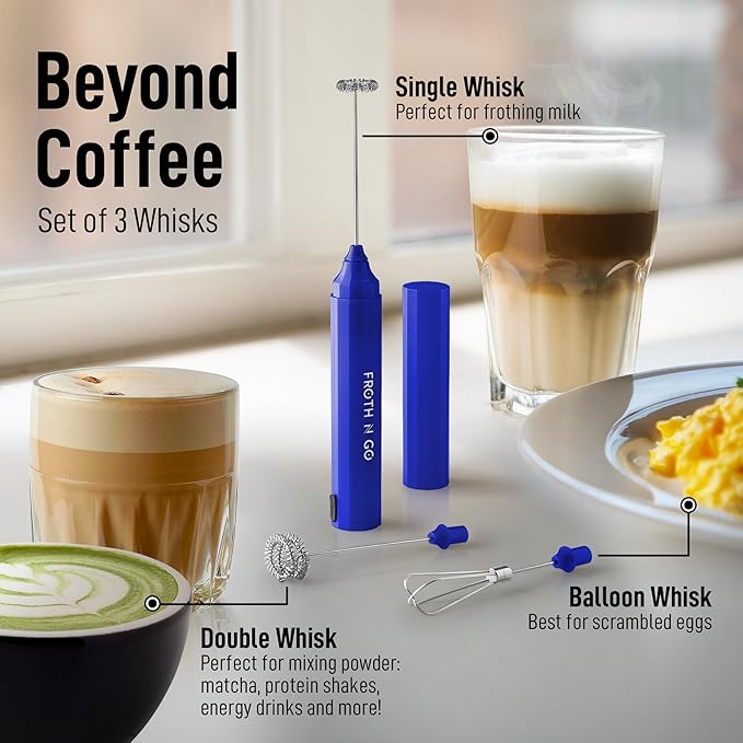 Zulay Froth N Go Milk Frother – Rechargeable 3-in-1 Handheld Frother Wand with Travel Case & USB-C Charger – Single, Double & Egg Whisk for Latte, Cappuccino, Matcha, Protein Shakes - Royal Blue