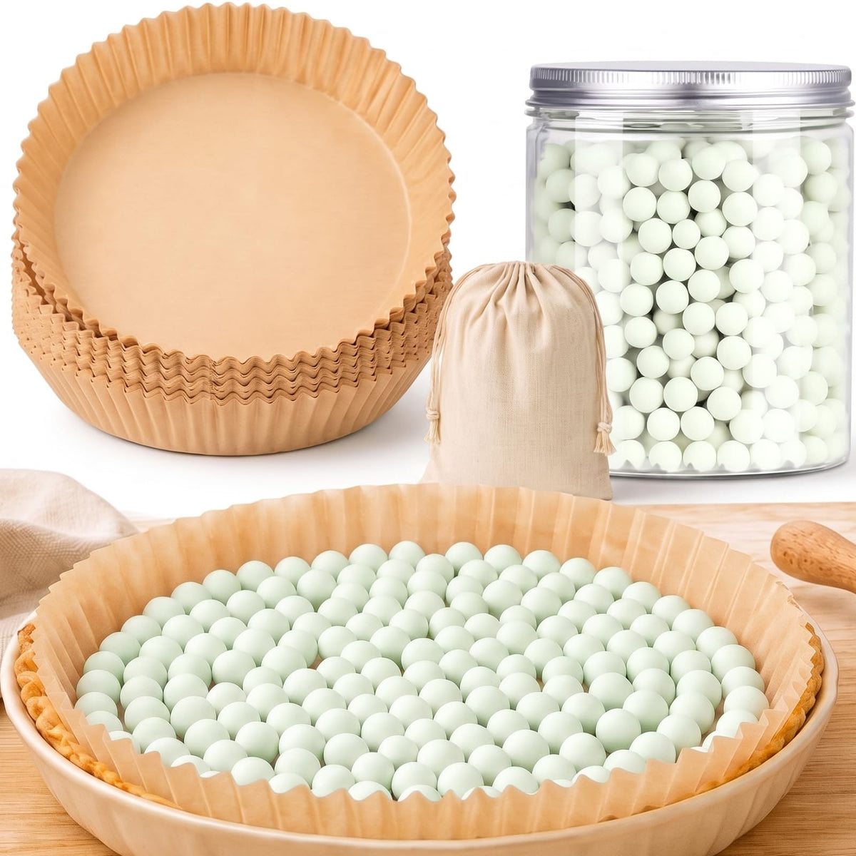 Patelai 1 Pcs 2 lb Pie Weights Ceramic, 50 Pcs Parchment Paper, White