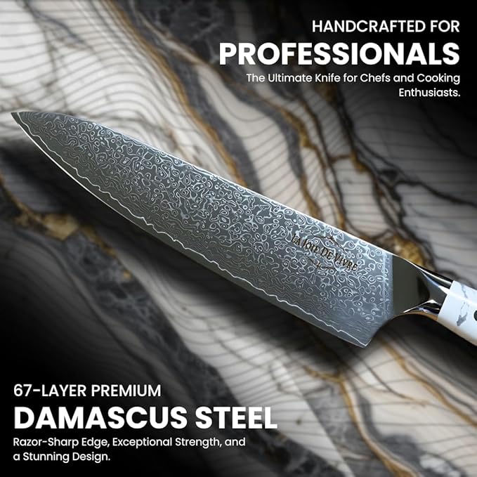 Damascus Chef Knife 8 Inch, Japanese Chef Knife with 67-Layer VG-10 Steel Core, Ultra Sharp Professional Kitchen Knife, White Turquoise Resin Handle, Premium Gift Box