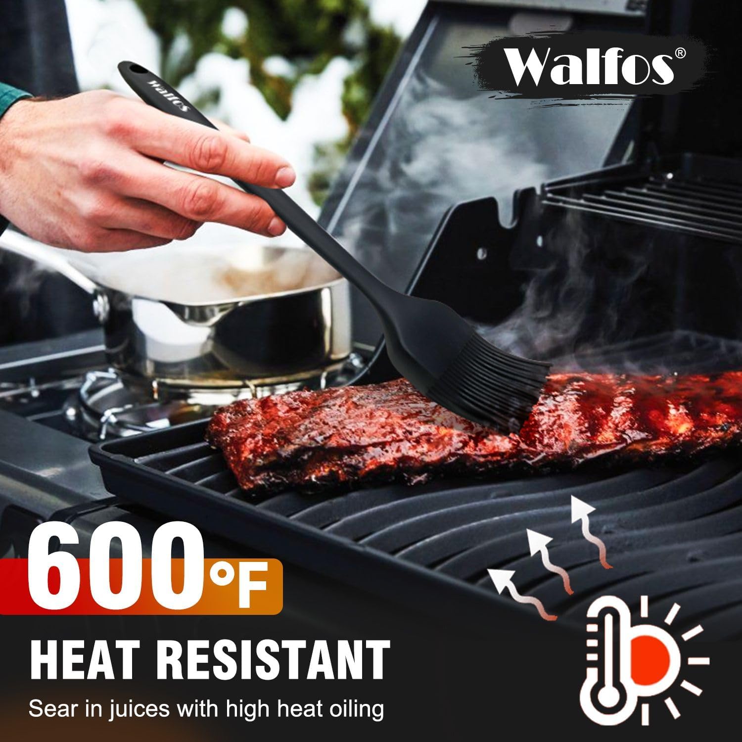 Walfos 600°F Heat Resistant Silicone Basting Brushes BPA Free Pastry Brush, Spread Oil Butter Sauce for BBQ Grill Baking Kitchen Cooking, Dishwasher Safe (2 SIZE)