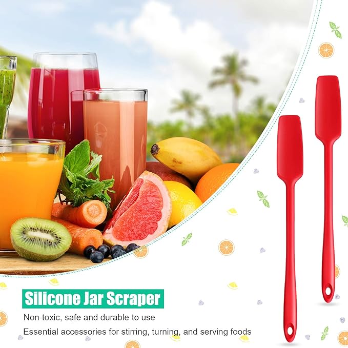 Long Handle Silicone Jar Spatula Kitchen Scraper Spatula Non-Stick Rubber Silicone Scraper for Jars, Smoothies, Blenders Cooking Baking Stirring Mixing(Red,2 Pieces)