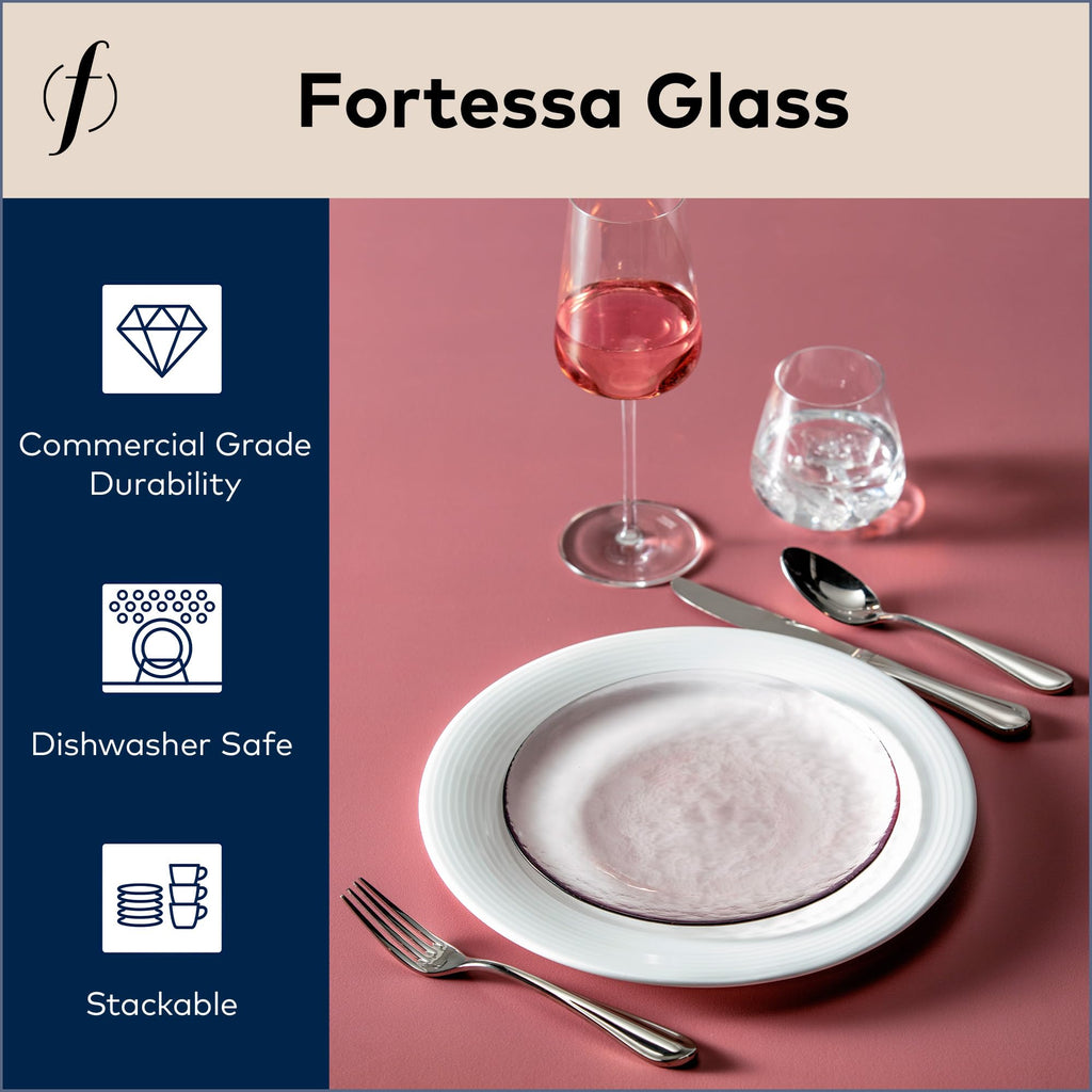 FORTESSA Los Cabos Tableware, 16-Piece Glass Dinnerware Set with 4 Dinner Plates, 4 Salad Plates, 4 Coupe Bowls and 4 Cereal Bowls, Dishwasher-Safe Glass Plate Set, Pink