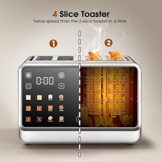 Toaster 4 Slice with Touchscreen & Independent Controls,Single-Slice Modes, Defrost, Reheat