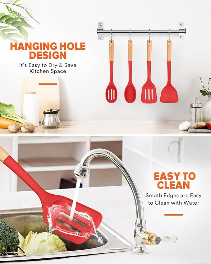 Badiano Silicone Cooking Utensils Set, Safe for Nonstick Cookwares, Red