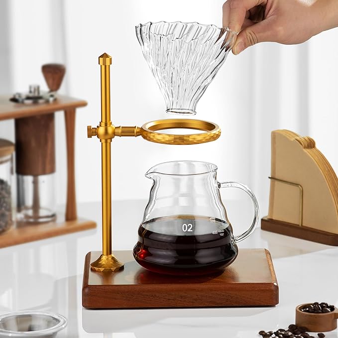 shoxil Pour Over Coffee Maker Set – Glass Coffee Dripper with Stainless Steel Stand, Wooden Base & 40 Filters – Travel Filter Coffee Maker