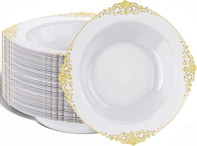 Nervure 50PCS White Plastic Bowls with Gold Rim - 12oz Disposable Soup Bowl