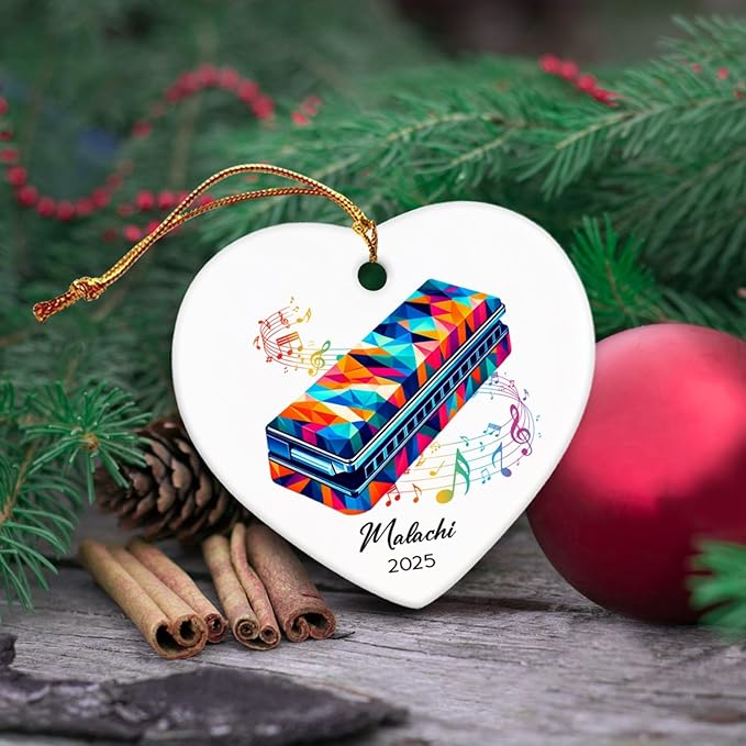 Harmonica Xmas Ceramic Ornaments 2026, Personalized Name & Year Harmonica Musical Ornament Gifts for Music Lovers, Instrumentalist Christmas Ceramic Ornaments Tree, Custom Musician Keepsake Ornament
