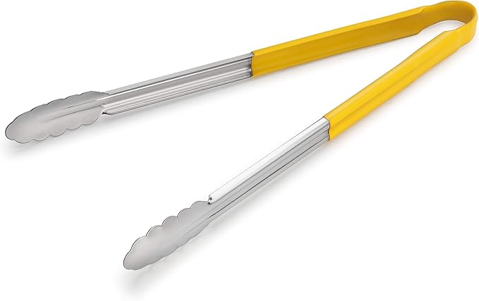 New Star Foodservice 16 Inch Utility Spring Tongs, Set of 12, Commercial Restaurant Grade Stainless Steel Tongs with Yellow Vinyl Coated Handles