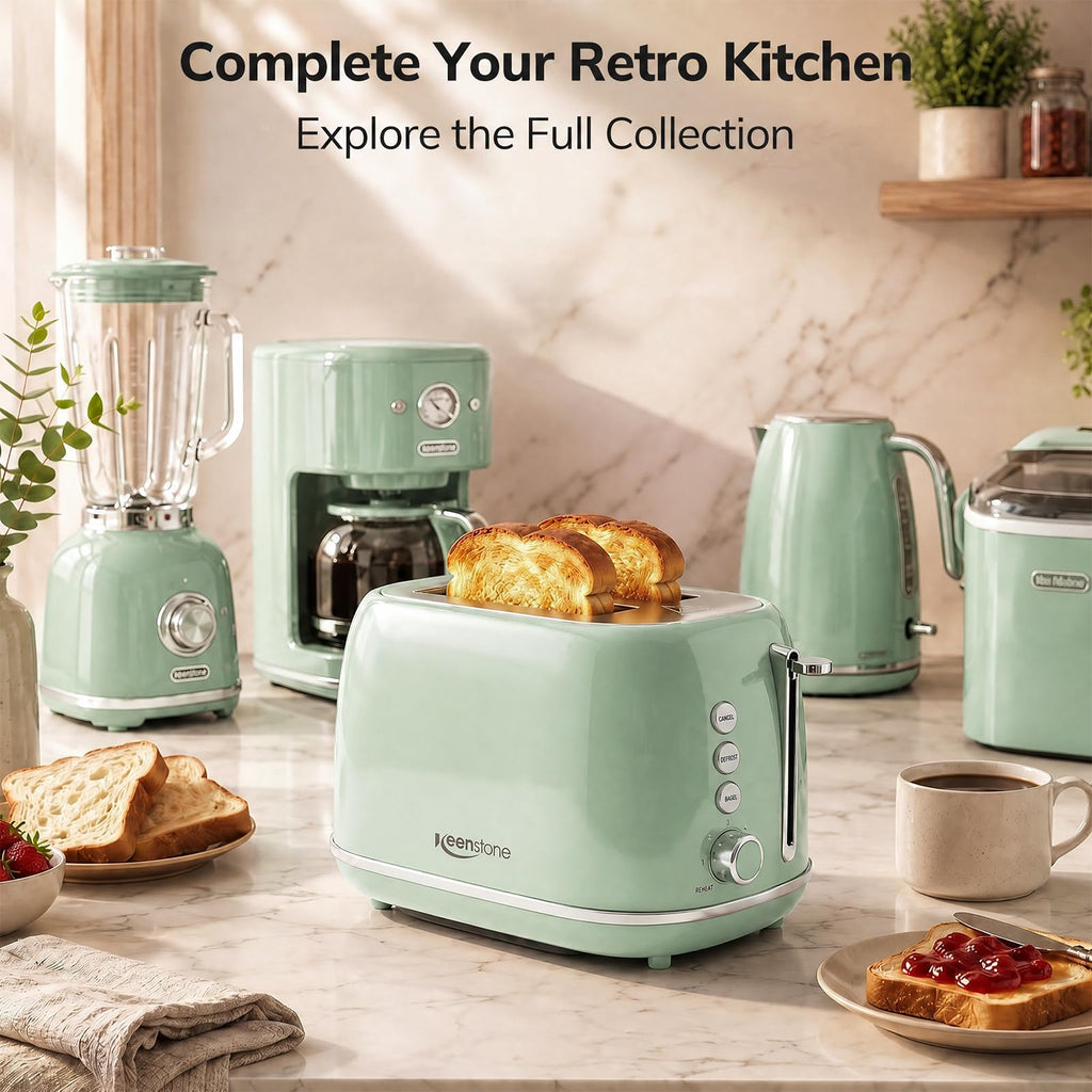 2 Slice Stainless Steel Toaster Retro with 6 Bread Shade Settings, Bagel, Cancel, Defrost Function, Extra Wide Slot, Removable Crumb Tray Green