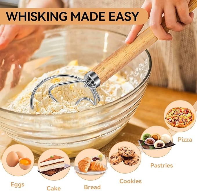 TEEVEA Danish Dough Whisk Wooden Handle Stainless Steel for Sourdough Bread