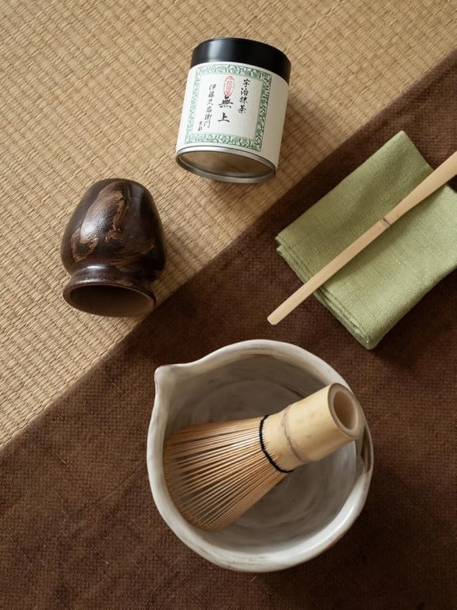 WUSEI Matcha Set with Handmade Ceramic Bowl & Bamboo Whisk, Dark Brown,6-Pc