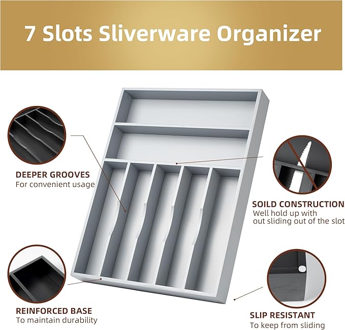Besilord Silverware Organizer 13 Inch Gray Bamboo Kitchen Drawer Organizer 7 Slots Utensil Organizer Silverware Holder Cutlery Organizer Flatware Tray (Large)