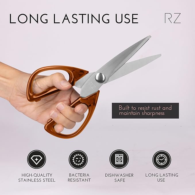 Rachel Zoe All Purpose Scissors, Scissors for Office, School or Art, Stainless Steel Sharp Shears with Large Handles, Dishwasher Safe (Brown/Silver)