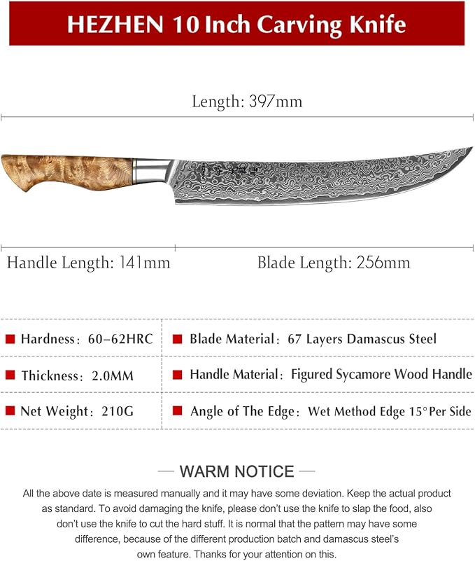 HEZHEN 10-Inch Slicing Knife with Granton Edge –67 Layers Damascus Steel, Professional Carving Knife for Brisket, Roast & BBQ, Figured Sycamore Handle