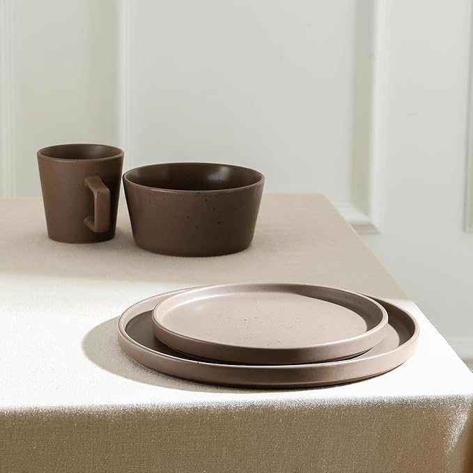 Stone Lain Celina Stoneware 16-Piece Modern Dinnerware Set, Plates and Bowls, Matte Brown, Service For 4, Microwave & Dishwasher Safe