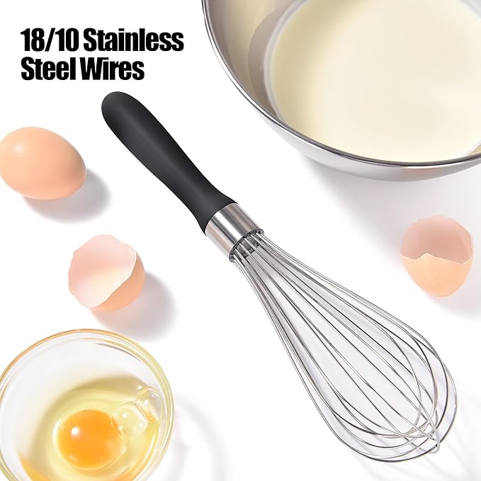 Doosu 18/8 Stainless Steel Balloon Whisk for Cooking (8 Wires, Black)